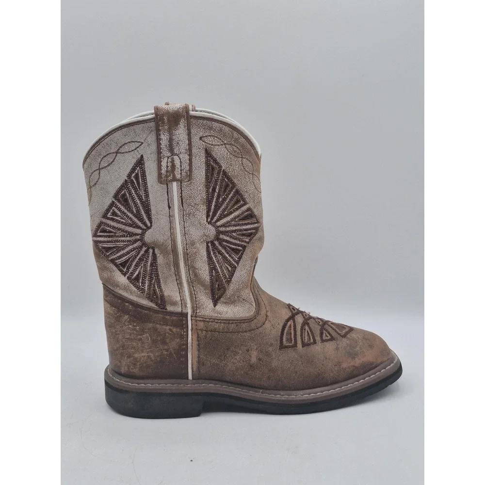 Dan Post‎ Western Boots Kids Size 2 Brown Leather Geometric Stitch Square Toe